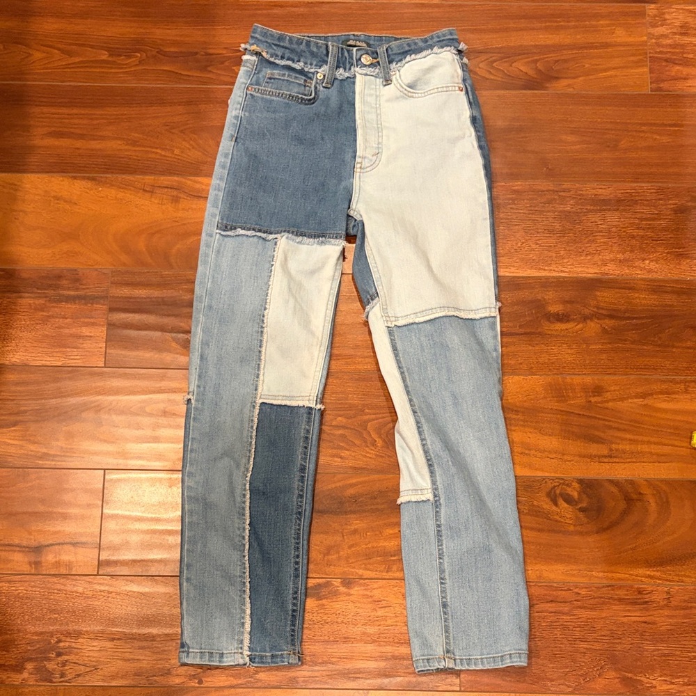 Wild Fable Highest Rise Slim Straight Patchwork Two Toned Denim Jeans Size 00 - Picture 2 of 10
